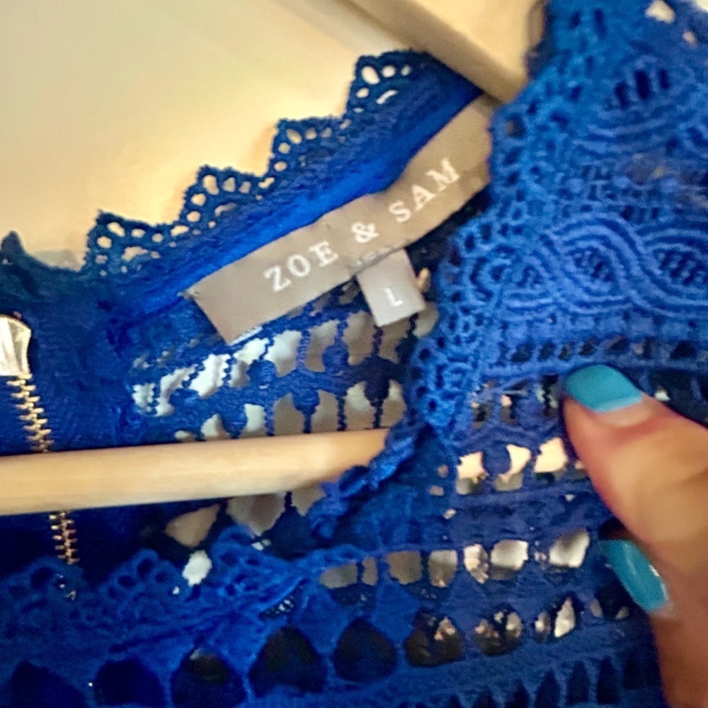 Zoe & Sam Royal Blue Battenberg Style Cut Out Lace Midi Statement Dress Size L - Picture 5 of 12